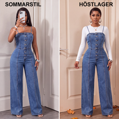 💫 Kvinnors jeansoverall med spaghettiband och vida ben – chic, rörlig & perfekt för sommaren 👖✨