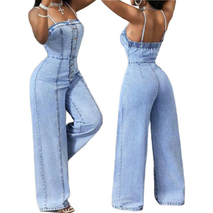 💫 Kvinnors jeansoverall med spaghettiband och vida ben – chic, rörlig & perfekt för sommaren 👖✨