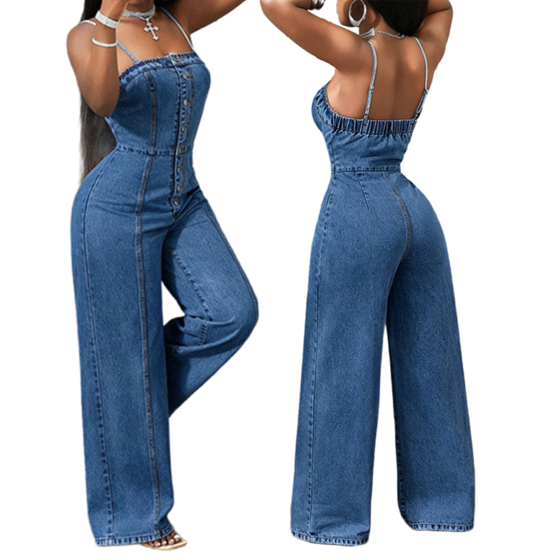 💫 Kvinnors jeansoverall med spaghettiband och vida ben – chic, rörlig & perfekt för sommaren 👖✨
