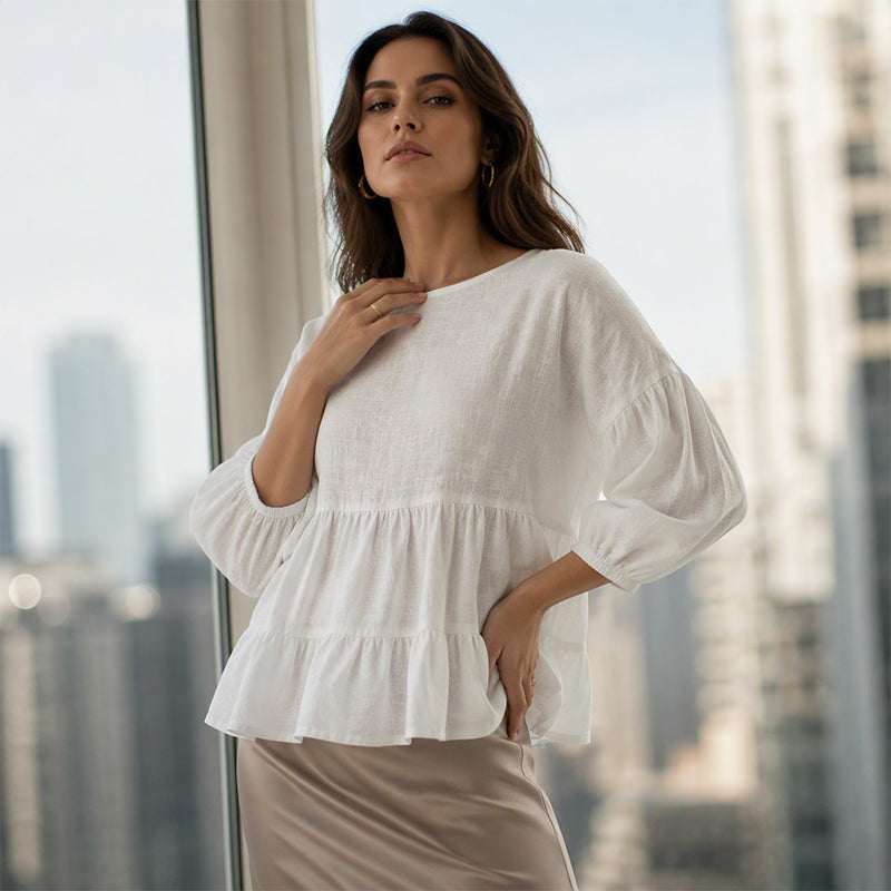 Nyhet✨ 🌺 Lager-på-lager-volangblus med vida ärmar – mjukt fallande och feminin stil