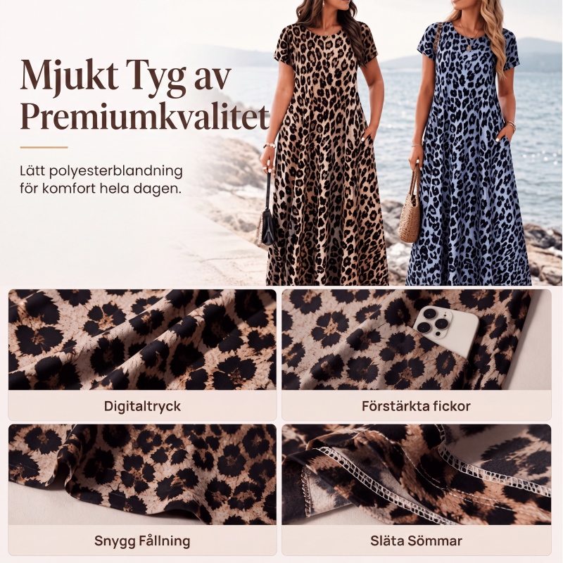 🐆👗 Damernas leopardmönstrade maxiklänning med fickor, ledig långklänning med korta ärmar – Bekväm