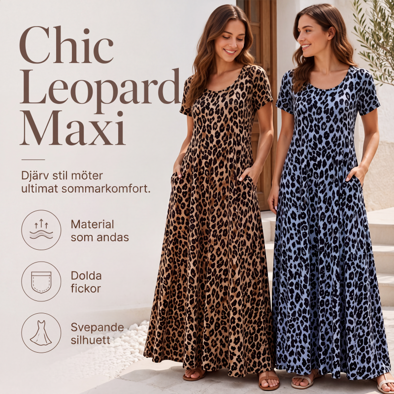 🐆👗 Damernas leopardmönstrade maxiklänning med fickor, ledig långklänning med korta ärmar – Bekväm