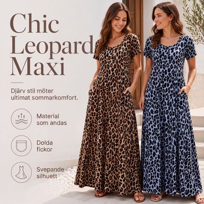 🐆👗 Damernas leopardmönstrade maxiklänning med fickor, ledig långklänning med korta ärmar – Bekväm