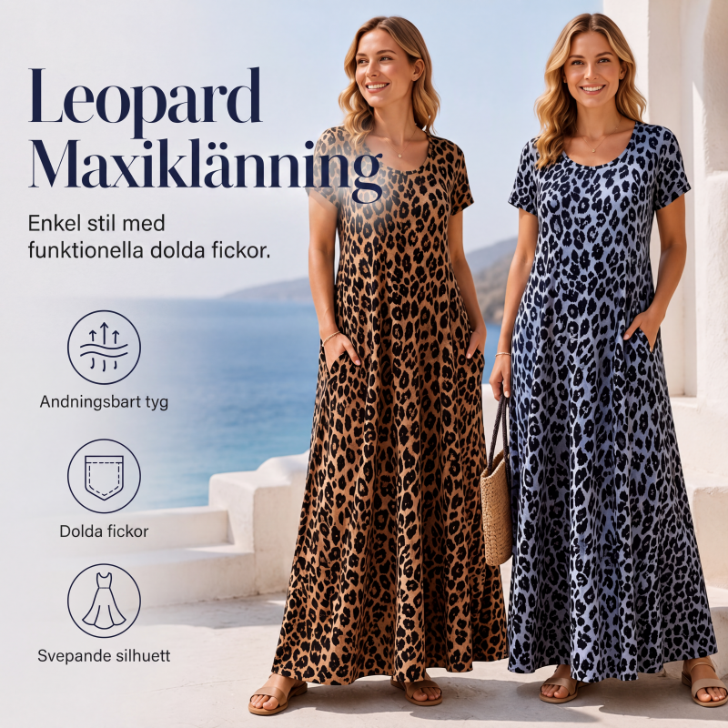 🐆👗 Damernas leopardmönstrade maxiklänning med fickor, ledig långklänning med korta ärmar – Bekväm