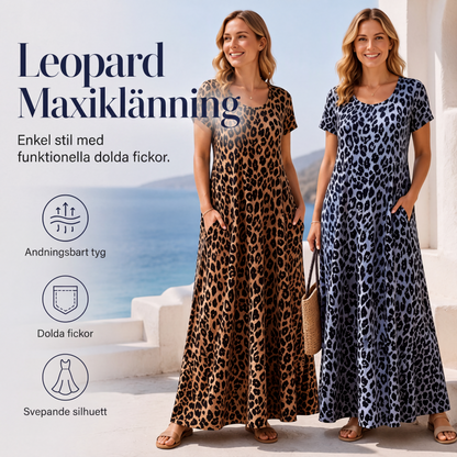 🐆👗 Damernas leopardmönstrade maxiklänning med fickor, ledig långklänning med korta ärmar – Bekväm