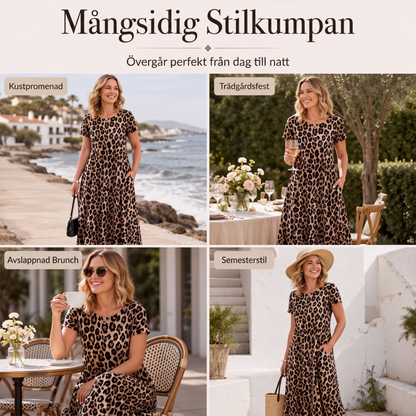 🐆👗 Damernas leopardmönstrade maxiklänning med fickor, ledig långklänning med korta ärmar – Bekväm