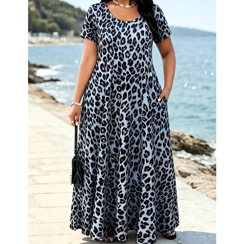 🐆👗 Damernas leopardmönstrade maxiklänning med fickor, ledig långklänning med korta ärmar – Bekväm