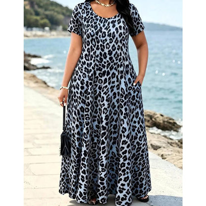 🐆👗 Damernas leopardmönstrade maxiklänning med fickor, ledig långklänning med korta ärmar – Bekväm