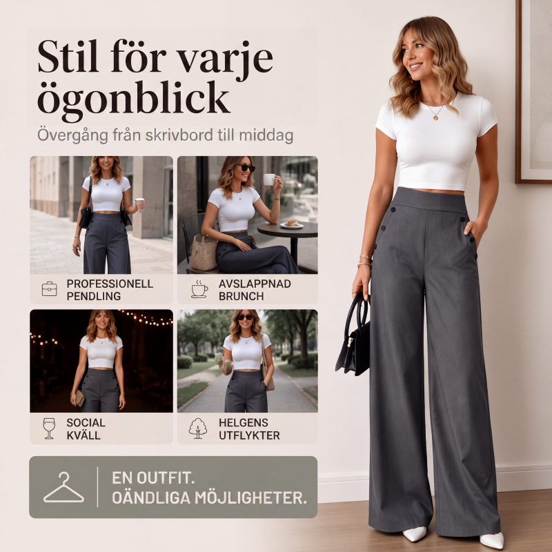 Damens högmidjade vida byxor med sidoknappar