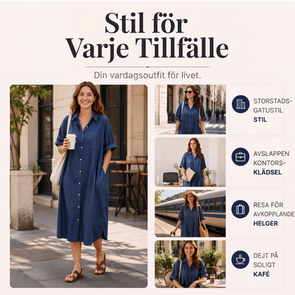 ✨🛍️Nyhet – Löst sittande jeansklänning med knäppning – En tidlös garderobsfavorit för helger eller resor 🍃