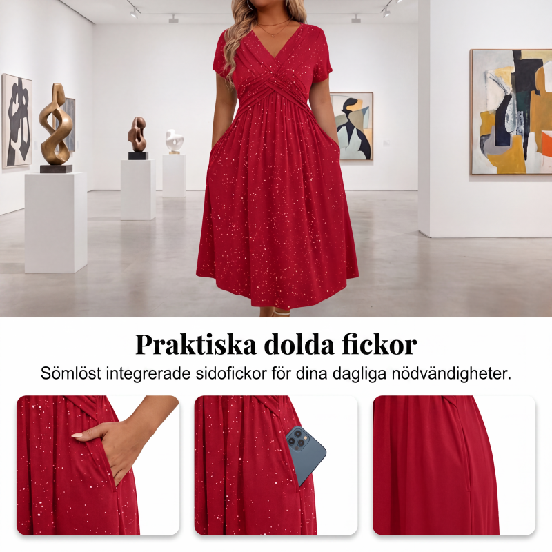 Elegant klänning för kvinnor med V-ringning och tvinnad framdel