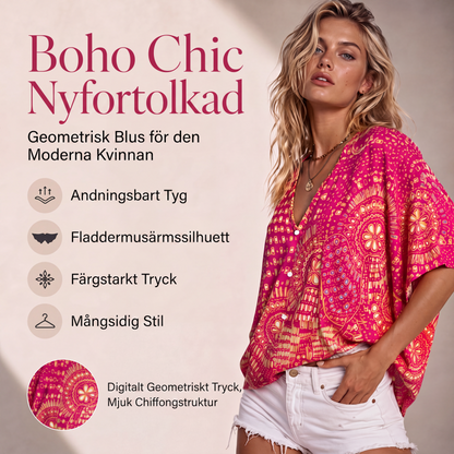 Damtopp med V-ringning, boho-tryck och fladdermusärmar