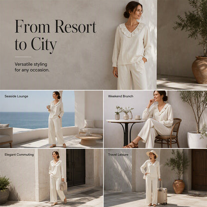 Resort-inspirerat tvådelat set för damer med V-ringning: lös långärmad topp och byxor med vida ben
