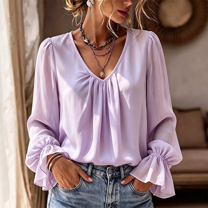 🔥🎁Nyhet 50 % RABATT🔥Elegant enfärgad blus med V-ringning för damer