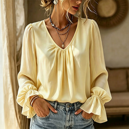 🔥🎁Nyhet 50 % RABATT🔥Elegant enfärgad blus med V-ringning för damer