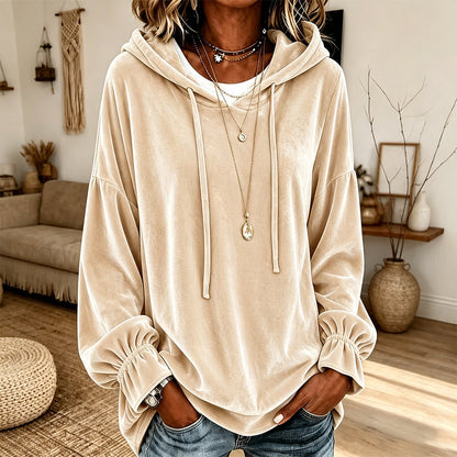 Dam ledig sweatshirt i sammet med huva