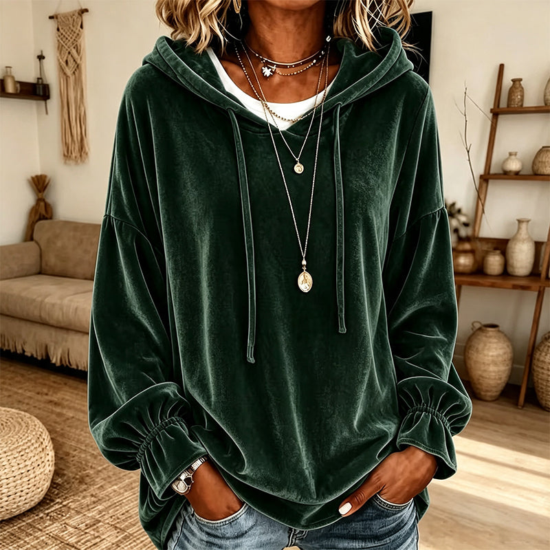 Dam ledig sweatshirt i sammet med huva