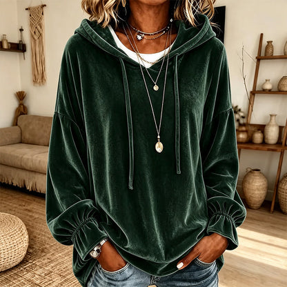 Dam ledig sweatshirt i sammet med huva