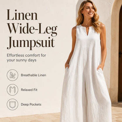 🌸 Damoverall utan ärmar med V-ringning, vida ben och fickor