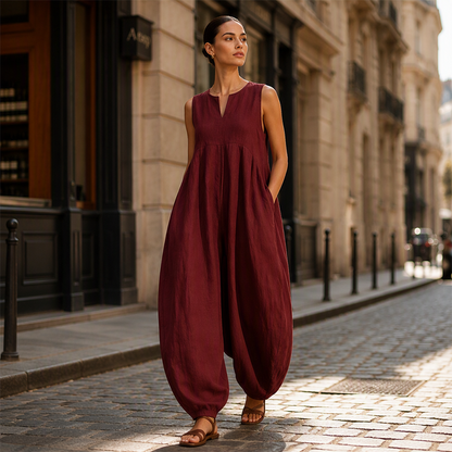 🌸 Damoverall utan ärmar med V-ringning, vida ben och fickor