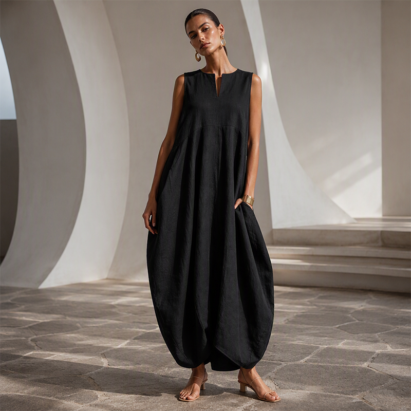 🌸 Damoverall utan ärmar med V-ringning, vida ben och fickor