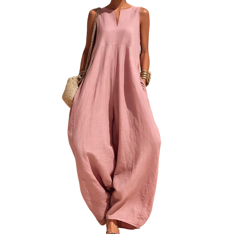 🌸 Damoverall utan ärmar med V-ringning, vida ben och fickor