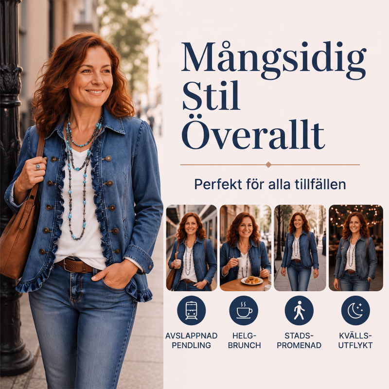 Kvinnors dubbelknäppt jeansjacka med volanger