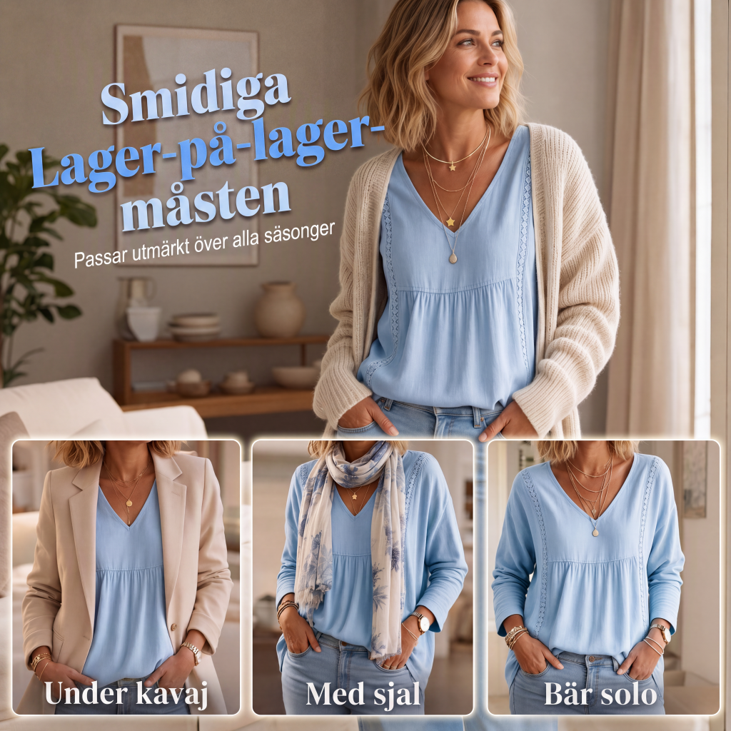 Kvinnlig ledig blus med V-ringning och långa ärmar