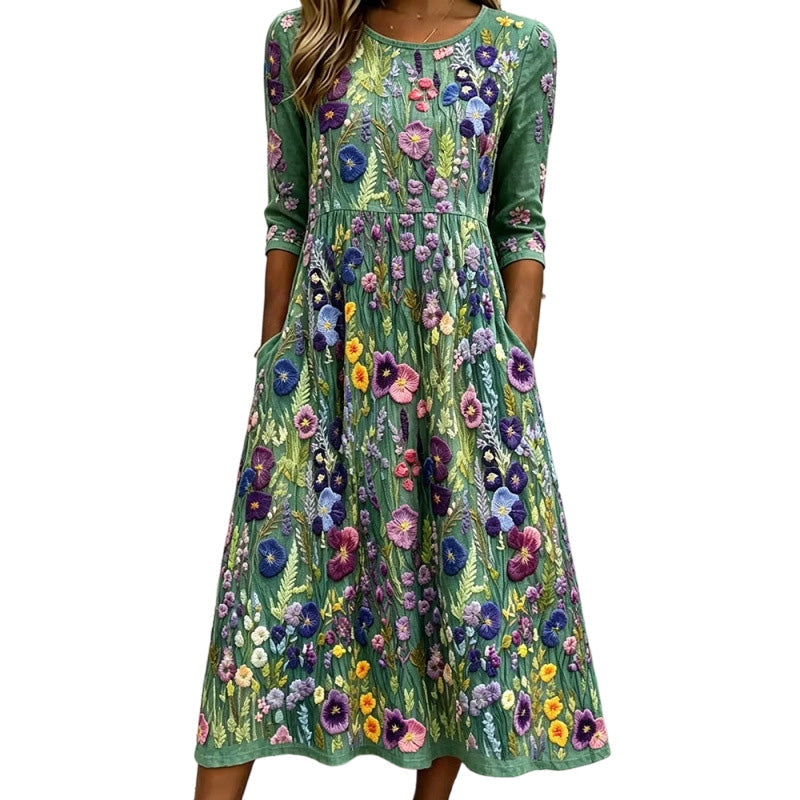 ✨🌺Midiklänning för damer med blommönster, 3/4-ärmar och fickor