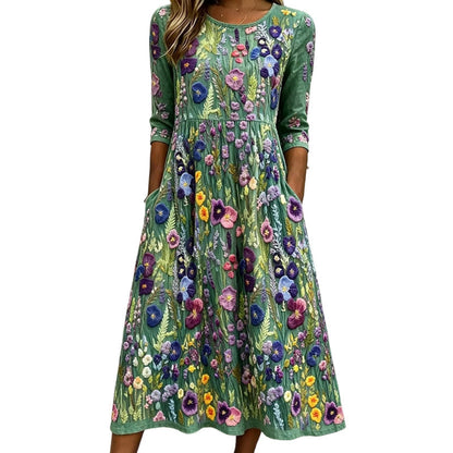 ✨🌺Midiklänning för damer med blommönster, 3/4-ärmar och fickor