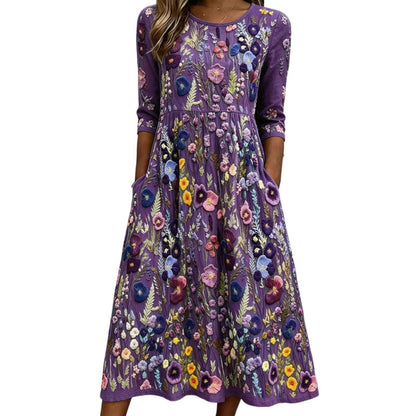 ✨🌺Midiklänning för damer med blommönster, 3/4-ärmar och fickor