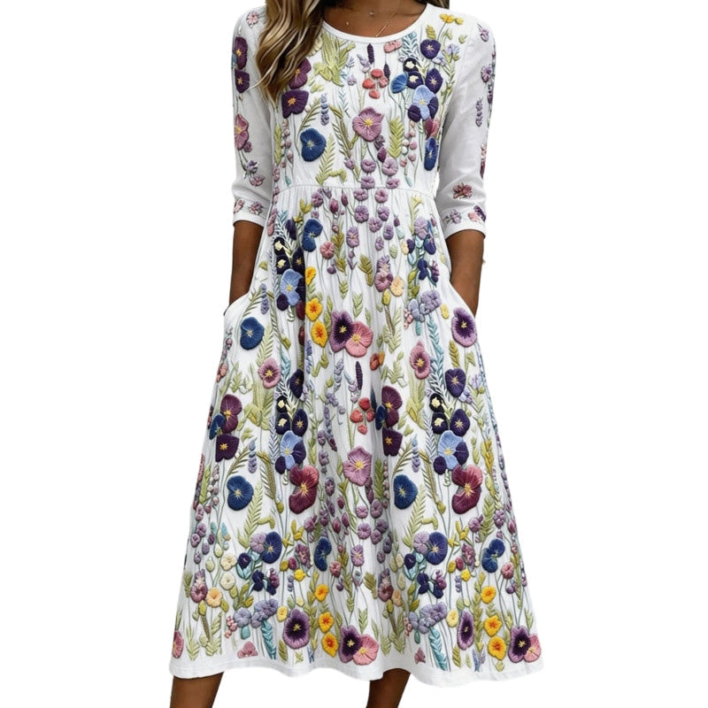 ✨🌺Midiklänning för damer med blommönster, 3/4-ärmar och fickor