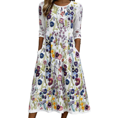 ✨🌺Midiklänning för damer med blommönster, 3/4-ärmar och fickor