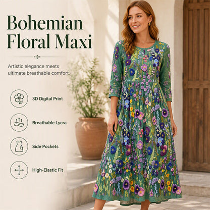 ✨🌺Midiklänning för damer med blommönster, 3/4-ärmar och fickor
