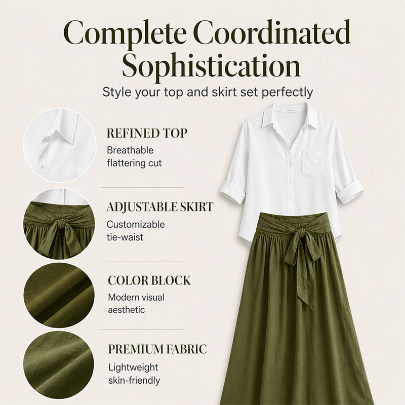 👗Elegant set med skjorta och kjol med knytmidja för damer