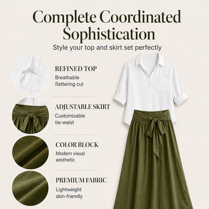 👗Elegant set med skjorta och kjol med knytmidja för damer