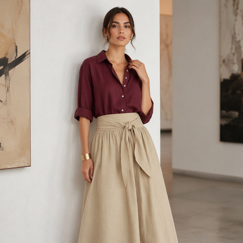 👗Elegant set med skjorta och kjol med knytmidja för damer