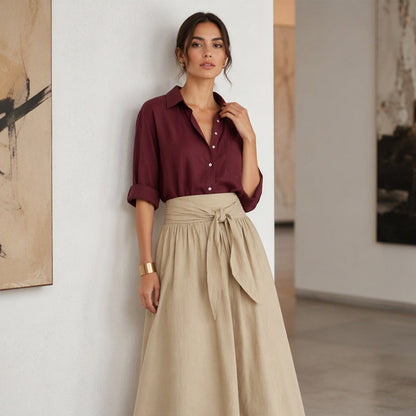 👗Elegant set med skjorta och kjol med knytmidja för damer