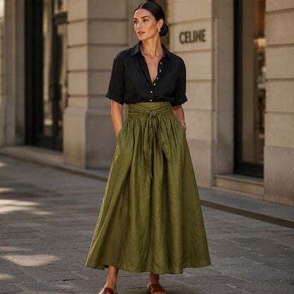 👗Elegant set med skjorta och kjol med knytmidja för damer