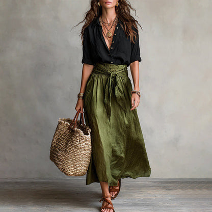 👗Elegant set med skjorta och kjol med knytmidja för damer