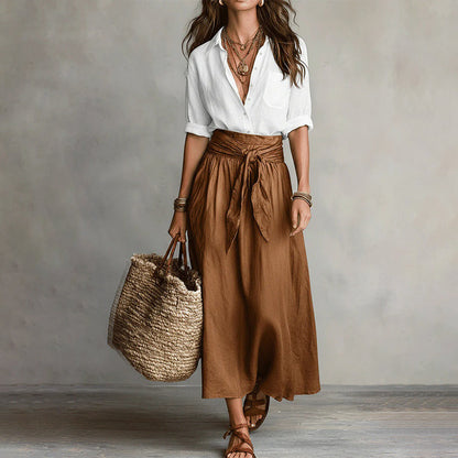 👗Elegant set med skjorta och kjol med knytmidja för damer