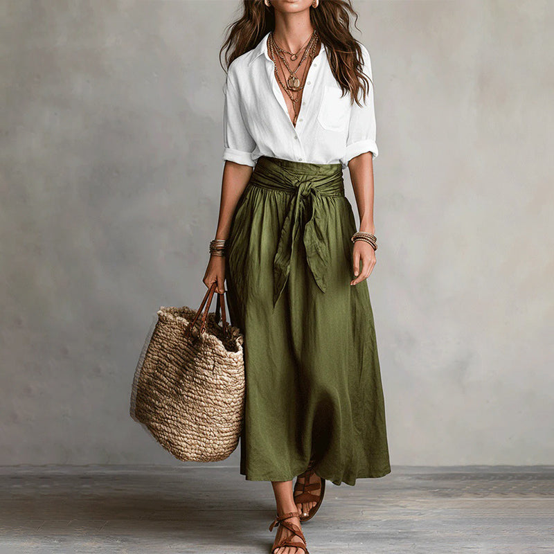 👗Elegant set med skjorta och kjol med knytmidja för damer