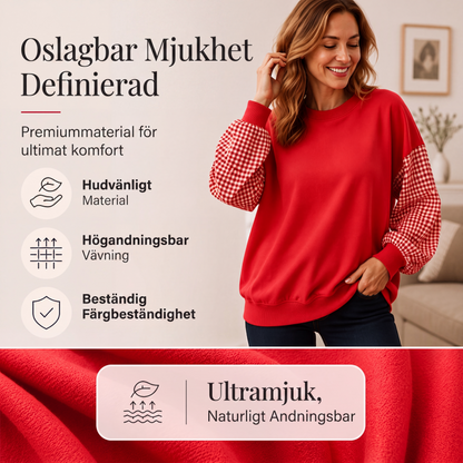 Damig löst rutig topp med rundhals och lappteknik