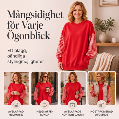 Damig löst rutig topp med rundhals och lappteknik