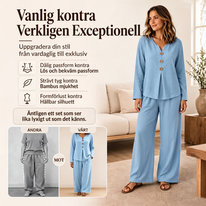 💃 Set med långärmad damtröja med V-ringning och byxor med vida ben