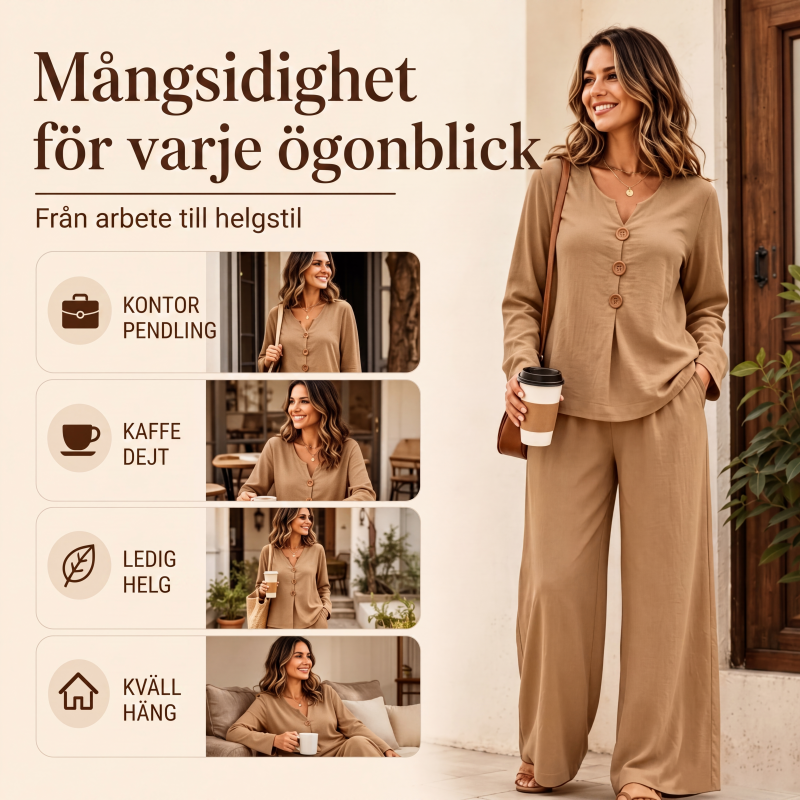 💃 Set med långärmad damtröja med V-ringning och byxor med vida ben