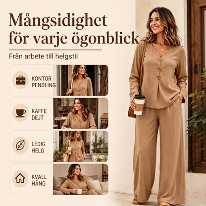 💃 Set med långärmad damtröja med V-ringning och byxor med vida ben
