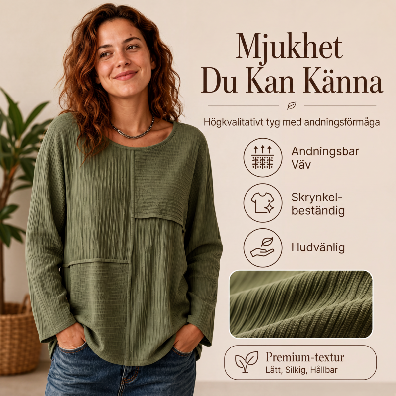 👕Damtopp med rundhals och texturerad patchwork🎉