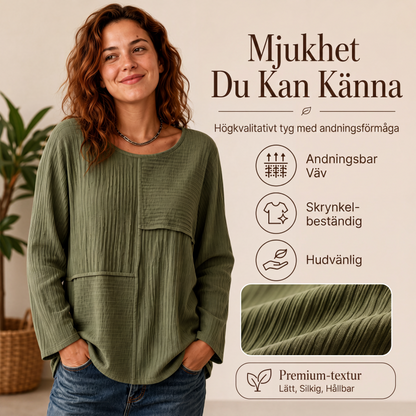 👕Damtopp med rundhals och texturerad patchwork🎉
