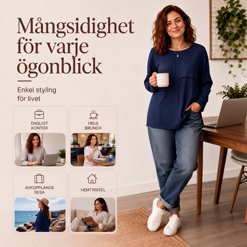 👕Damtopp med rundhals och texturerad patchwork🎉